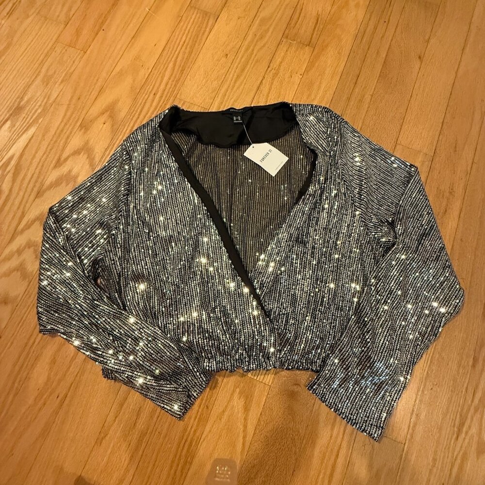 Forever21 Women's 3X Silver Black Sequin Party Knit Long Sleeve Top NYE Cocktail